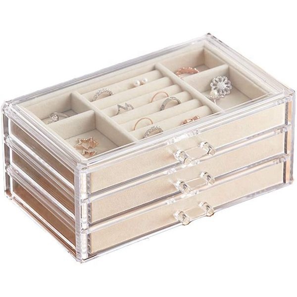 Racdde Jewelry Box for Women with 3 Drawers, Velvet Jewelry Organizer for Earring Bangle Bracelet Necklace and Rings Storage Clear Acrylic Jewelry case 