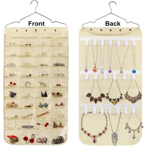 Racdde Hanging Jewelry Organizer, Double Sided 40 Pockets and 20 Magic Tape Hook Jewelry Organizer, Necklace Holder Jewelry Chain Organizer for Earrings Necklace Bracelet Ring with Hanger, Beige 