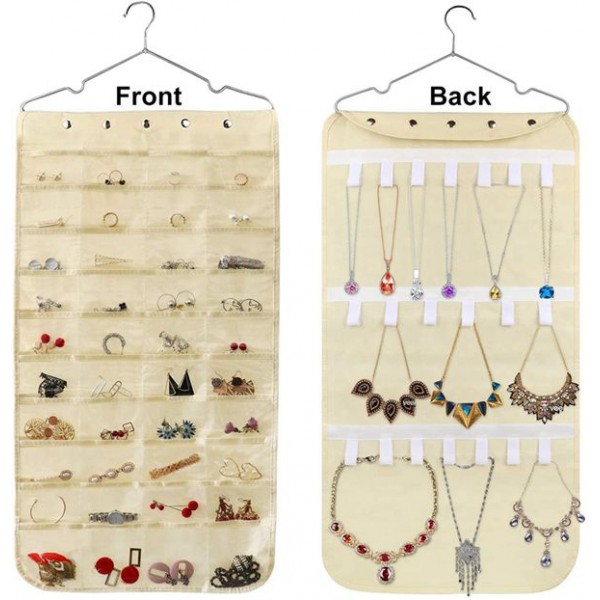 Racdde Hanging Jewelry Organizer, Double Sided 40 Pockets and 20 Magic Tape Hook Jewelry Organizer, Necklace Holder Jewelry Chain Organizer for Earrings Necklace Bracelet Ring with Hanger, Beige 