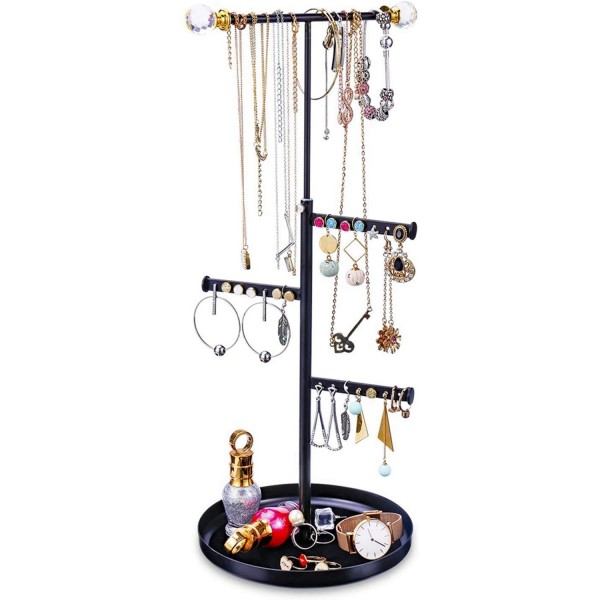 Racdde Jewelry Tree Stand Organizer - Metal Necklace Organizer Display with Adjustable Height for Necklaces Bracelet Earrings and Ring Black 