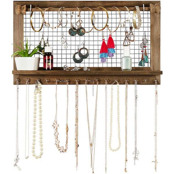 Racdde Buttercup Rustic Jewelry Organizer with Bracelet Rod Wall Mounted - Wooden Wall Mount Holder for Earrings, Necklaces, Bracelets, and Many Other Accessories 