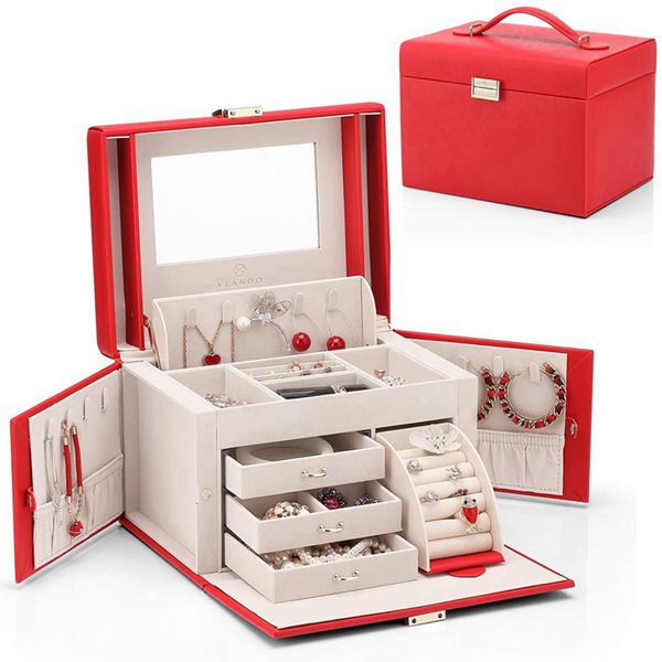 Racdde City Beauty Medium Jewelry Box, Faux Leather Jewelry Organizer Gift for Women -Red 
