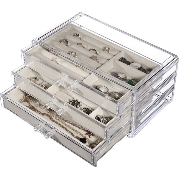 Racdde Jewelry Box for Women with 3 Drawers, Velvet Jewelry Organizer for Earring Bangle Bracelet Necklace and Rings Storage Clear Acrylic Jewelry case,Beige 