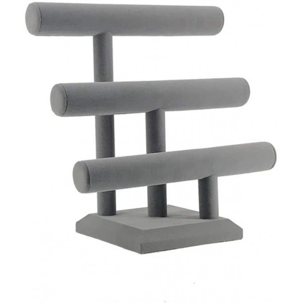 Racdde Jewelry Organizer Holder with 3 Tier, Easily for Necklace Bracelet and Watch Display, Table Top Holder Display Stand, Gray Velvet T Bar Jewelry Tower 