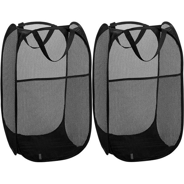 Racdde Mesh Popup Laundry Hamper - Portable, Durable Handles, Collapsible for Storage and Easy to Open. Folding Pop-Up Clothes Hampers are Great for The Kids Room, College Dorm or Travel. (Black | Set of 2) 