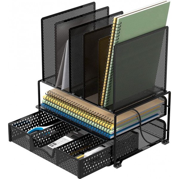 Racdde Mesh Desk Organizer with Sliding Drawer, Double Tray and 5 Upright Sections, Black 