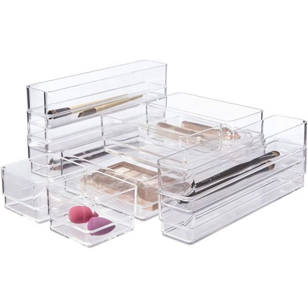Racdde Clear Plastic Makeup & Vanity Drawer Organizers | 10 Piece Set