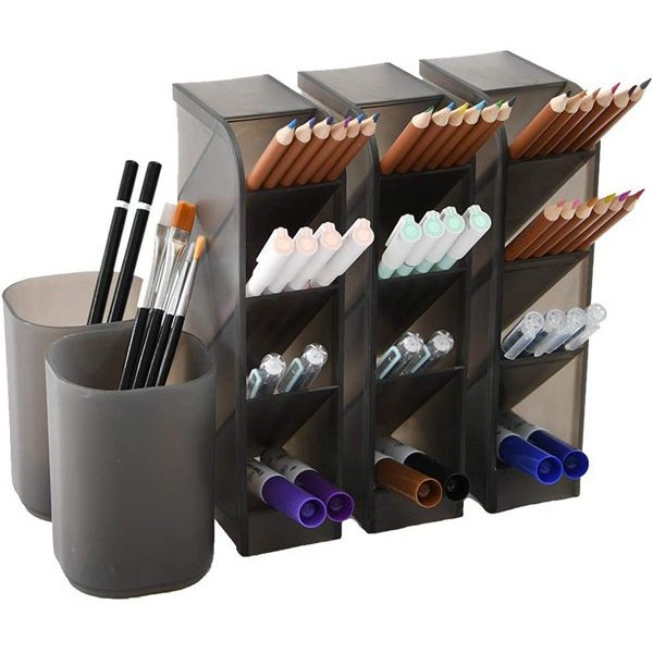 Racdde 5 Pcs Desk Organizer- Pen Organizer Storage for Office, School, Home Supplies, Translucent Black Pen Storage Holder, Set of 3, 2 Cups 14Compartments (Black) 