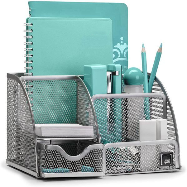 Racdde Office Desk Organizer with 6 Compartments + Drawer + Pen & Pencil Holder | The Mesh Collection, Silver 