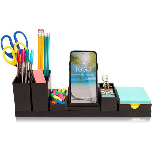 Racdde Desk Organizer with Adjustable Pen Holder, Pencil Cup, Phone Stand, Sticky Note Tray, Paperclip Storage, and Office Accessories Caddy, Desktop Organization for Cubicle or Home Office, Black 