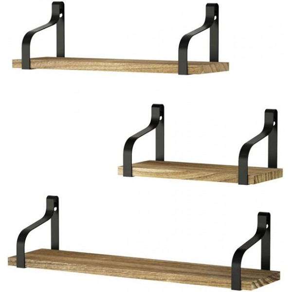 Racdde Floating Shelves Wall Mounted Set of 3, Rustic Wood Wall Storage Shelves for Bedroom, Living Room, Bathroom, Kitchen, Office and More Carbonized Black 