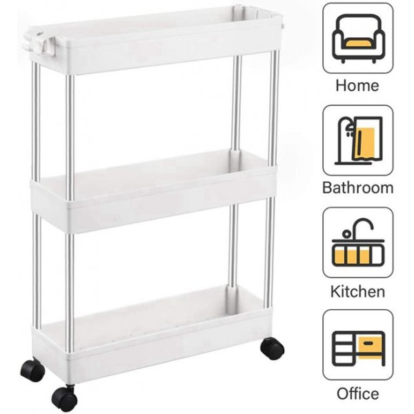 Racdde 3 Tier Slim Storage Cart Mobile Shelving Unit Organizer Slide Out Storage Rolling Utility Cart Tower Rack for Kitchen Bathroom Laundry Narrow Places, Plastic & Stainless Steel, White 