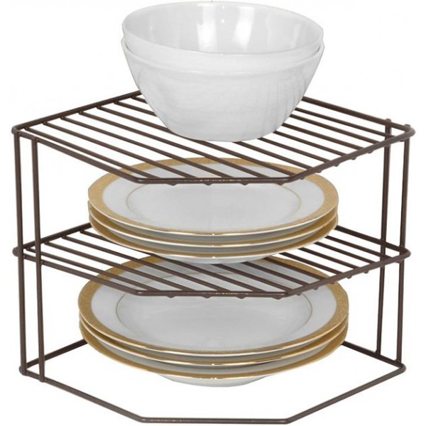 Racdde 3-Tier Kitchen Corner Shelf Rack - Steel Metal Frame - Rust Resistant Finish - Cups, Dishes, Cabinet & Pantry Organization - Kitchen (9 x 8 Inch) [Bronze] 
