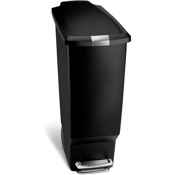 Racdde 40 Liter / 10.6 Gallon Slim Kitchen Step Trash Can, Black Plastic Bin With Secure Slide Lock 