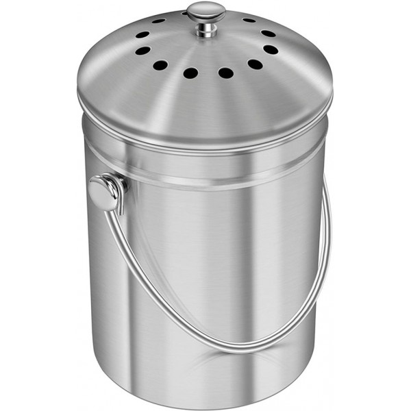 Racdde Stainless Steel Compost Bin for Kitchen Countertop - 1.3 Gallon Compost Bucket Kitchen Pail Compost with Lid - Includes 1 Spare Charcoal Filter