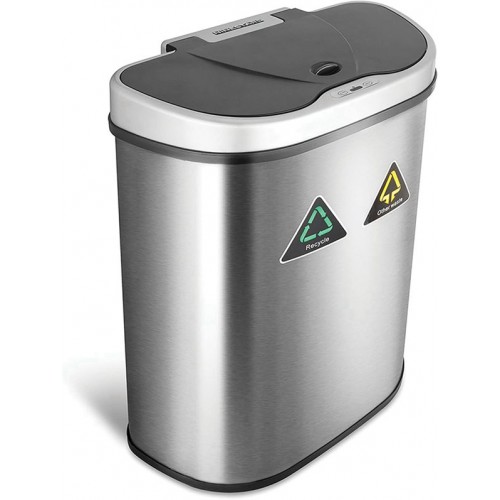 Racdde Automatic Touchless Infrared Motion Sensor Trash Can/Recycler with D Shape Silver/Black Lid & Stainless Base, 18 Gal, Stainless Steel 