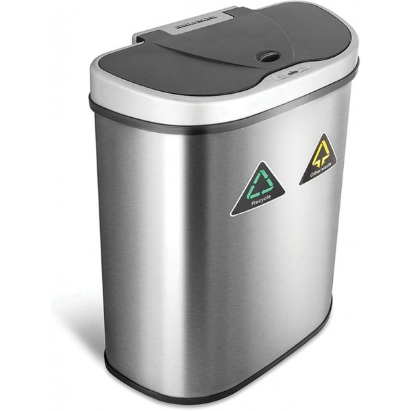 Racdde Automatic Touchless Infrared Motion Sensor Trash Can/Recycler with D Shape Silver/Black Lid & Stainless Base, 18 Gal, Stainless Steel 