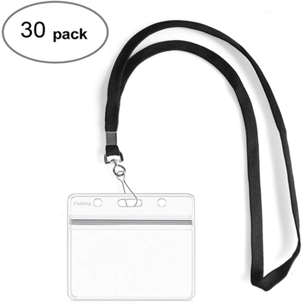 Racdde 30Pcs Clear Plastic Horizontal Name Tags Badge ID Card Holders and 30Pcs Flat Neck Lanyards with Swivel Hook 