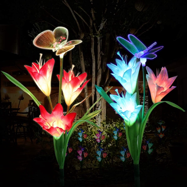 Solar Garden Lights Outdoor,Racdde Solar Stake Lights Outdoor, Waterproof Multi Color Changing with 6 Lily Flowers,1 Butterfly,1 Dragonfly,Solar LED Decorative Lights for Garden,Patio,Backyard 
