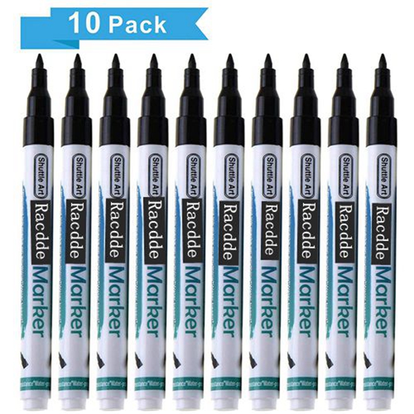 Racdde Black Paint Pens, Shuttle Art 10 Pack Acrylic Paint Markers, Low-Odor Water-Based Quick Dry Paint Markers for Rock, Wood, Metal, Plastic, Glass, Canvas, Ceramic 