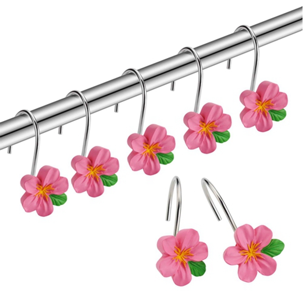 Racdde Shower Curtain Hooks Rings, Metal Decorative Resin Hooks Shower Curtain Rings for Bathroom Shower Rods Curtain and Liner, Pink Flower, 12 PCS 