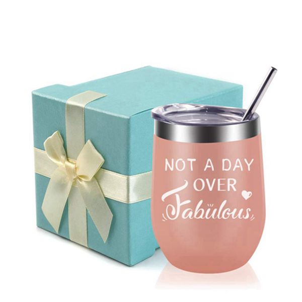 Racdde Not A Day Over Fabulous-Funny Birthday,Anniversary Gift Ideas for Women,Best Friends,Mom,Wife,Her,Coworkers Sister- EDEESKY 12oz Stemless Insulated Wine Tumbler with Gift Lid 