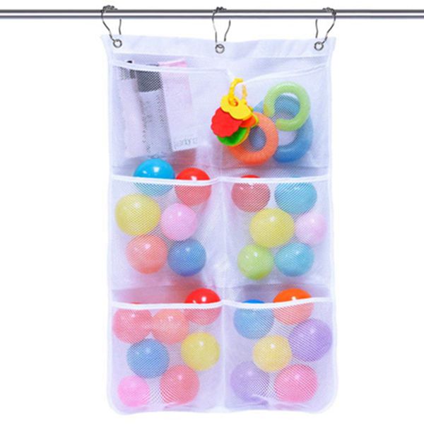 Racdde Mesh Shower Caddy Bath Organizer Shower Curtains Rod Hanging Caddies 6 Pockets with 3 Hanging Rings and 3 Hooks for Selection, 17 x 26 Inch, White