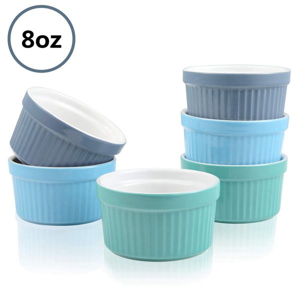 Racdde 8oz Ramekins Porcelain Souffle Dishes Ceramic Baking Cups Custard Cups for Pudding, Creme Brulee, Ice Cream, Cooking, Set of 6, Assorted Colors