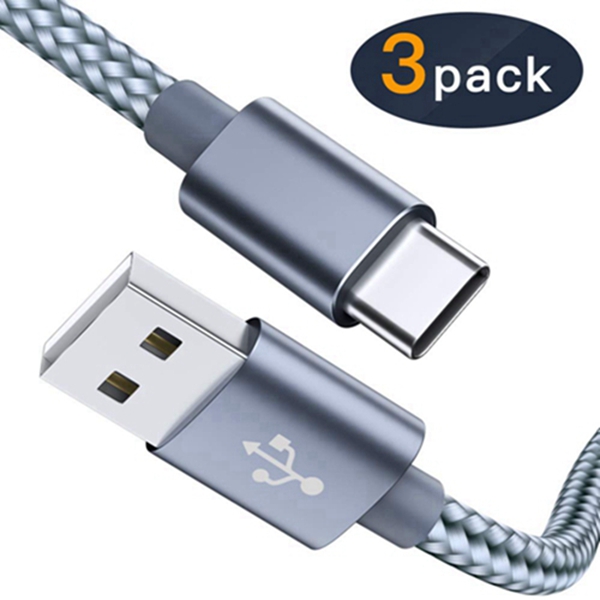 USB Type C Cable Racdde USB C Cable 3 Pack(6ft) Nylon Braided Fast Charger Cord(USB 2.0) Compatible with Samsung Galaxy S10 S9 Note 9 8 S8 Plus,LG V30 V20 G6 G5,Google Pixel(Grey) 