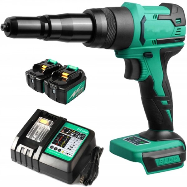 Racdde 18V Cordless Rivet Gun Brushless Lithium-ion Automatic Blind Rivet Tool for 3/32", 1/8", 5/32", 3/16" Rivets with 2 Pack 3.0Ah Battery ETB1830B and Fast Charger ETC1830 