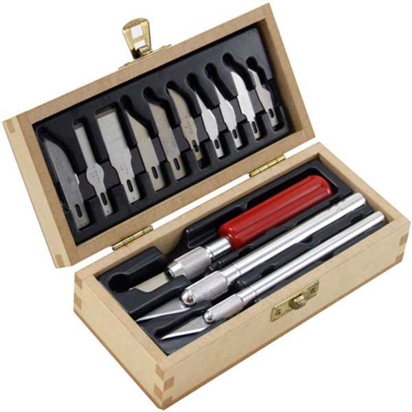 Racdde Basic Knife Set | Set Contains 3 Precision Knives, 10 Precision Knife Blades, Wooden Chest for Storage (14 Count) 