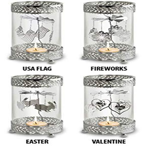 Racdde Holiday Metal Spinning Tea Light Holder (All Season Theme) | Includes (1) Holder and (8) Interchangeable Seasonal Spinning Designs 