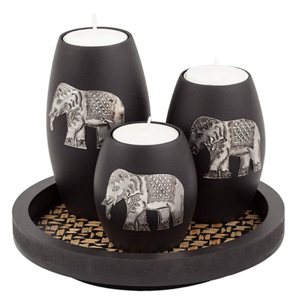 Racdde’s 3 Wooden Candle Holders with Candle Tray – Decorative Candle Holders with Inlaid Aluminium Antique Elephant – Intricate Details – Matte Wood Finish – Ideal for Modern & Rustic Settings 